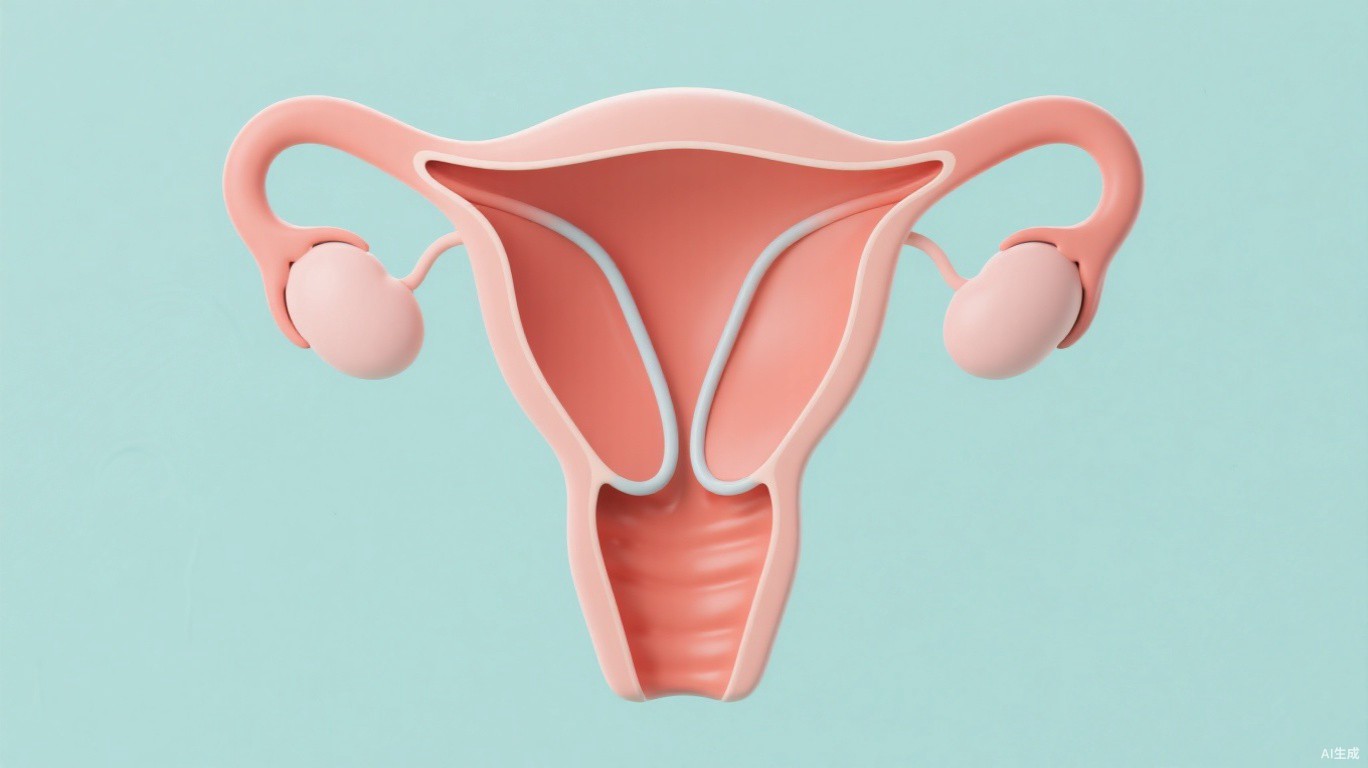女性生殖系统医学插画，標注子宫與卵巢，说明先天性無子宫患者卵巢功能通常正常