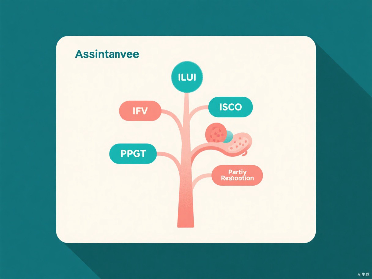辅助生殖技術樹插画：從IUI、IVF、ICSI、PGT到第三方生殖的分层结構