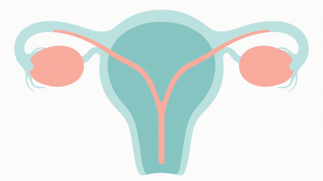 女性生殖系统解剖医学插画，展示输卵管、子宫與卵巢的位置关系