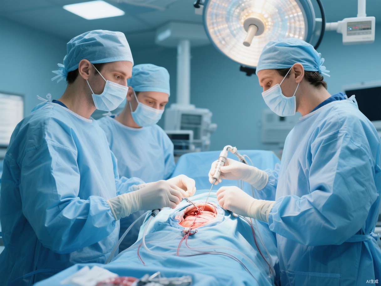 现代手術室中妇科腹腔镜微创手術場景，医生正在进行输卵管手術