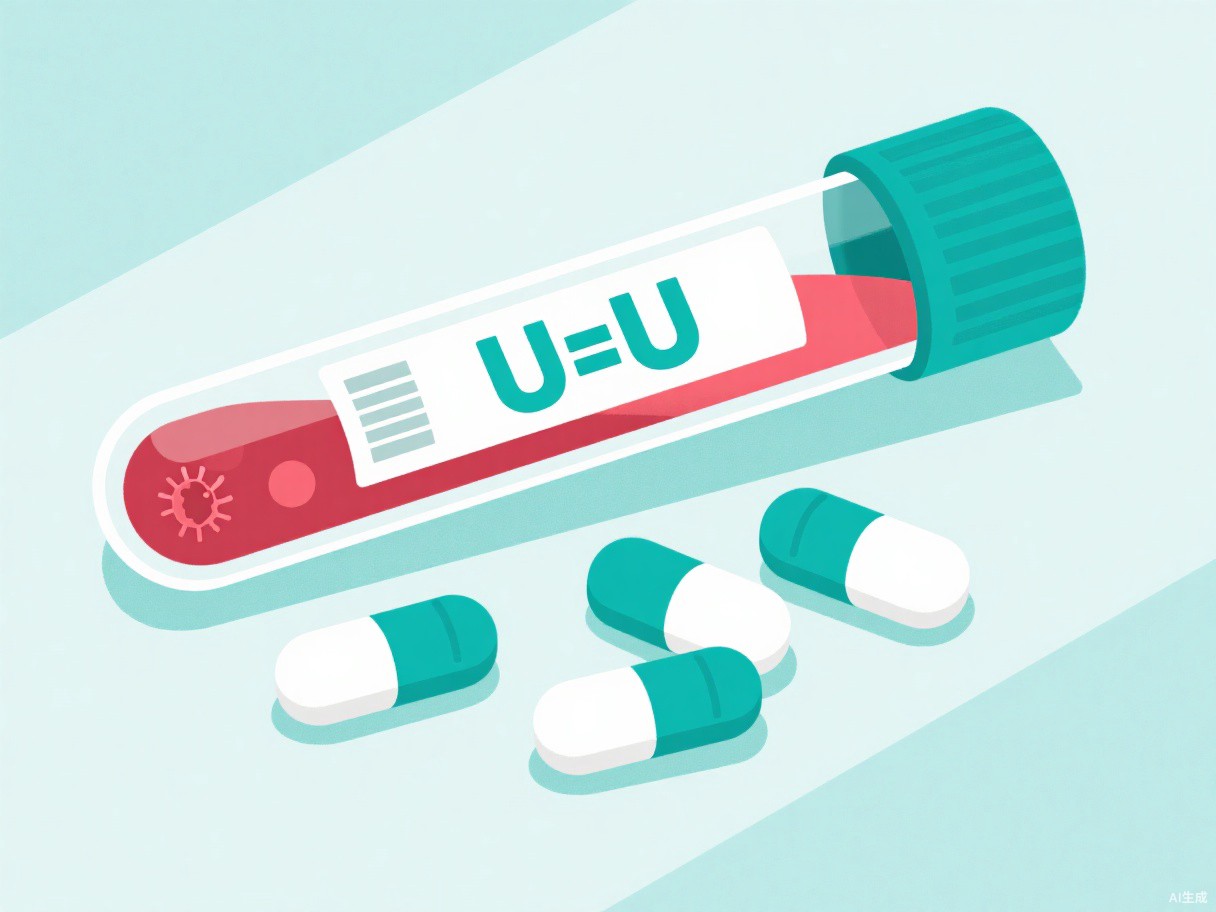 抗病毒药物與顯示HIV病毒载量检测不到的血液检测報告，U=U科学共识示意圖