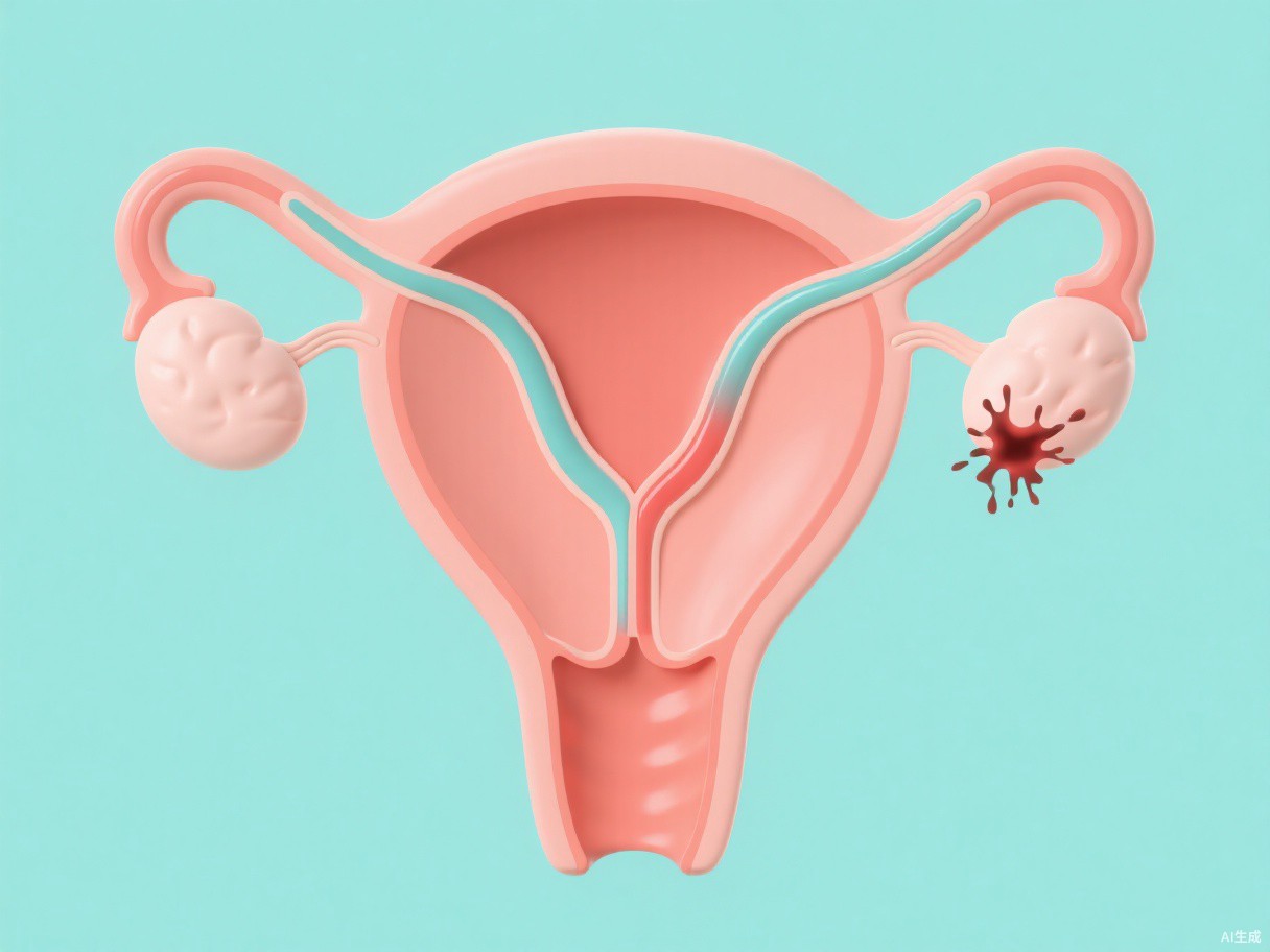 女性生殖系统解剖医学插画，標注子宫與输卵管通畅/堵塞對比