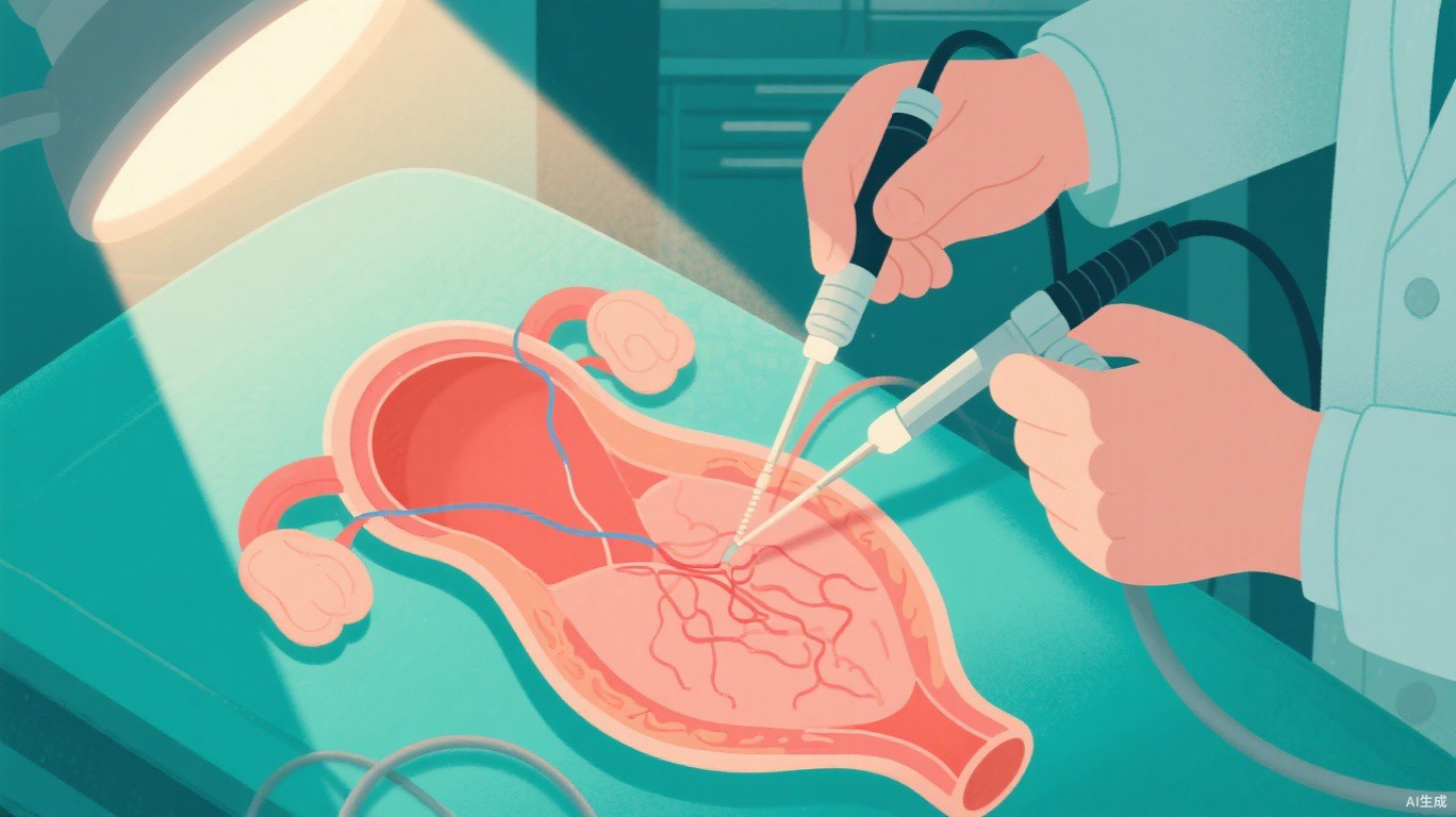 医生使用宫腔镜為宫腔粘连患者进行检查與分离手術的医学插画