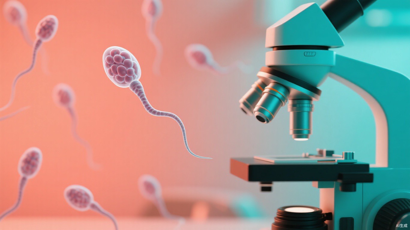顯微镜下的精子细胞與现代生殖实验室医学插画，体现少弱精诊斷