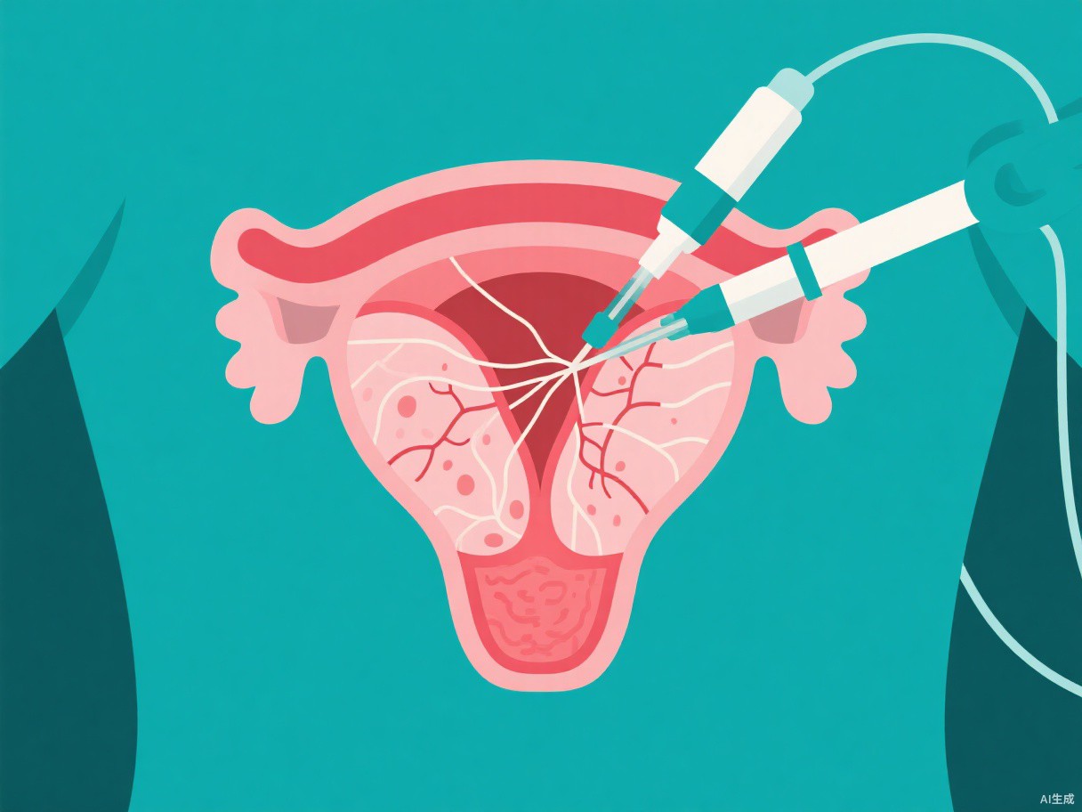 宫腔镜检查宫腔的医学插画，顯示內膜粘连與薄型內膜