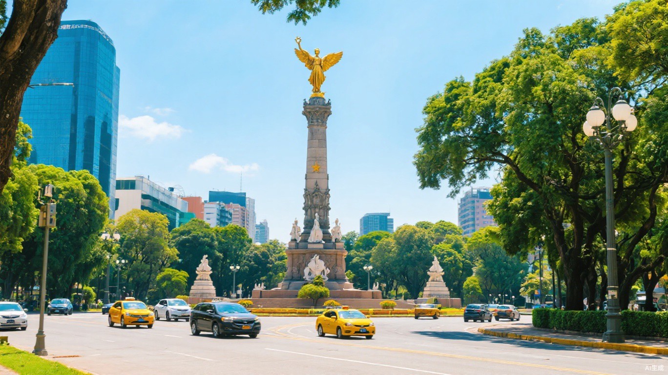 墨西哥城独立纪念柱在晴朗白天的城市街景