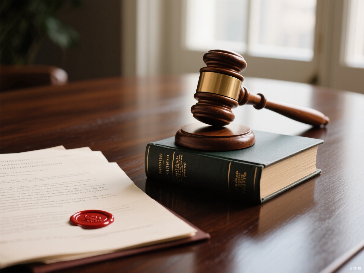法槌、法律典籍與带封印的法案文件，象徵代孕成文法與法院裁决